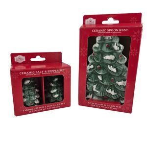 Holiday Time Ceramic Christmas Tree Salt Pepper Shakers‎ Spoon Rest Set